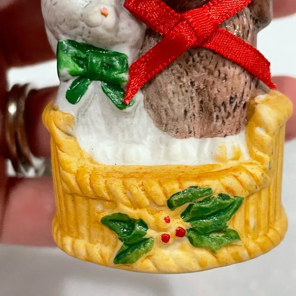 Vintage Porcelain Christmas Puppy Kitten Bell Ornament JSNY Santa Hat Dog Cat